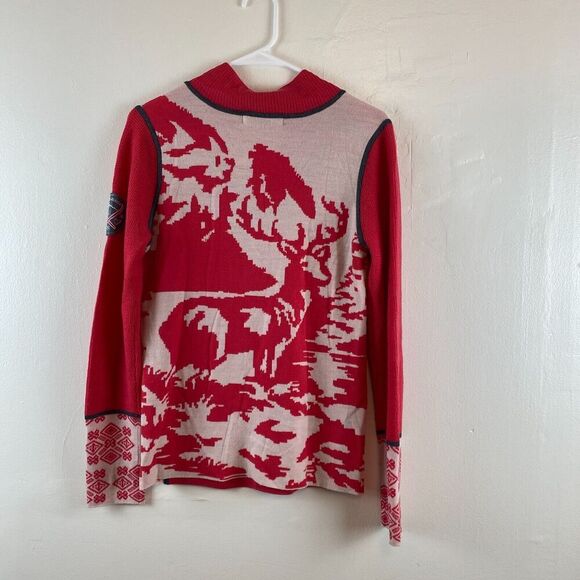 Krimson Klover Pullover Merino Wool Ski Sweater Sleigh Ride Elk Size M Red - Picture 2 of 10
